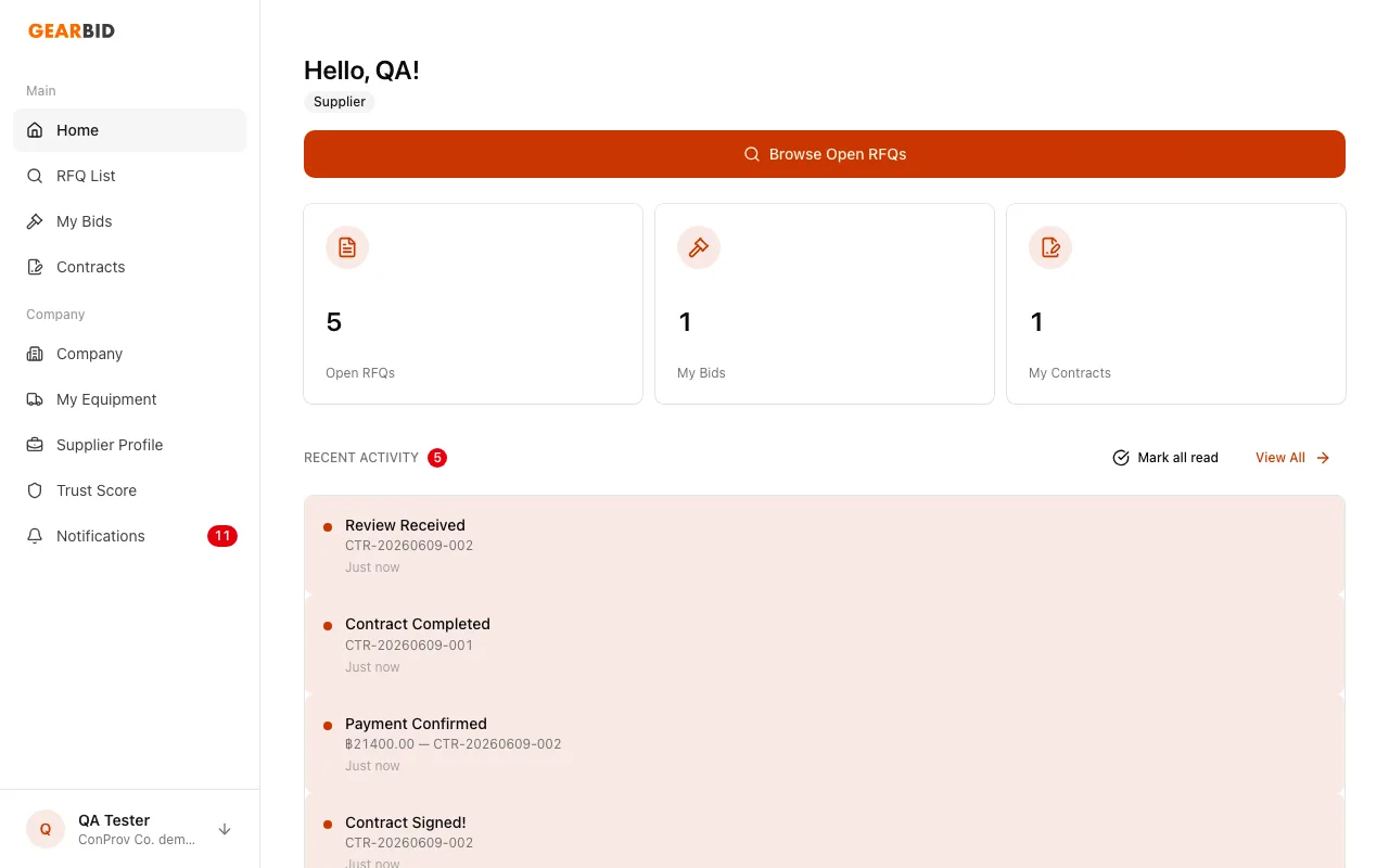GearBid supplier dashboard showing open requests near your yard